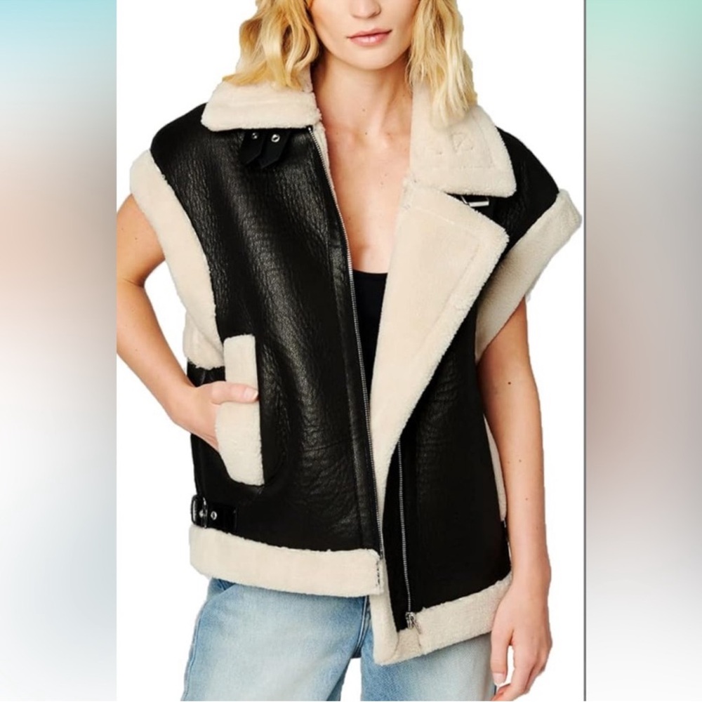 BLANK NYC Black & Ivory Vegan Leather and Sherpa Front Pockets Vest Sz M